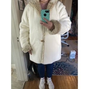 Coldwater Creek White Faux Fur Lined Jacket Sz L Leopard Collar Hooded Heavy